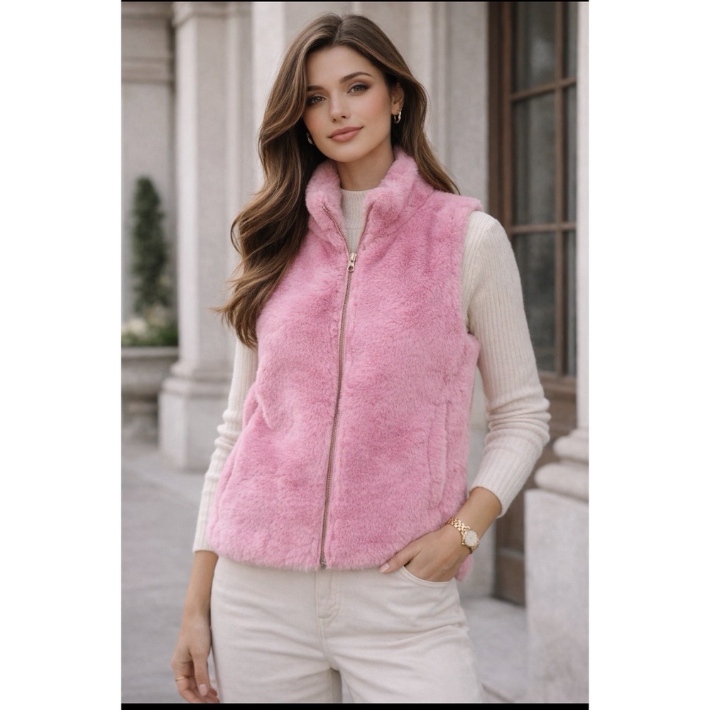 J.Crew Pink Faux Fur Vest Women Size M Zip‎ Up Sleeveless Cozy Soft Barbiecore
